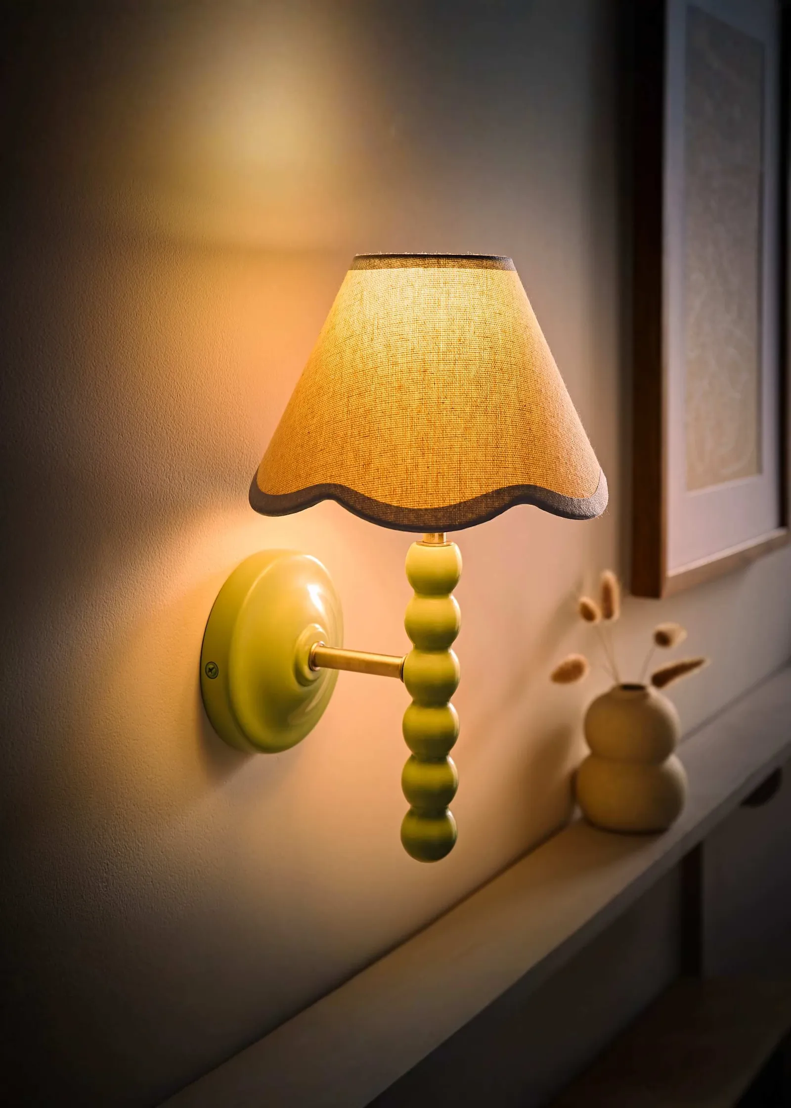ValueLights Bobbins Sage Green Bobble Wall Light & Linen Pastel Trim Lamp Shade in Pale Blue 2