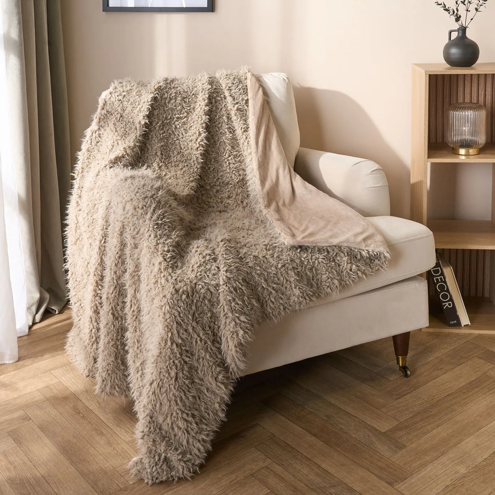 OHS Sofia Faux Fur Fleece Reversible Throw Super Soft Fluffy Blanket in Light Brown