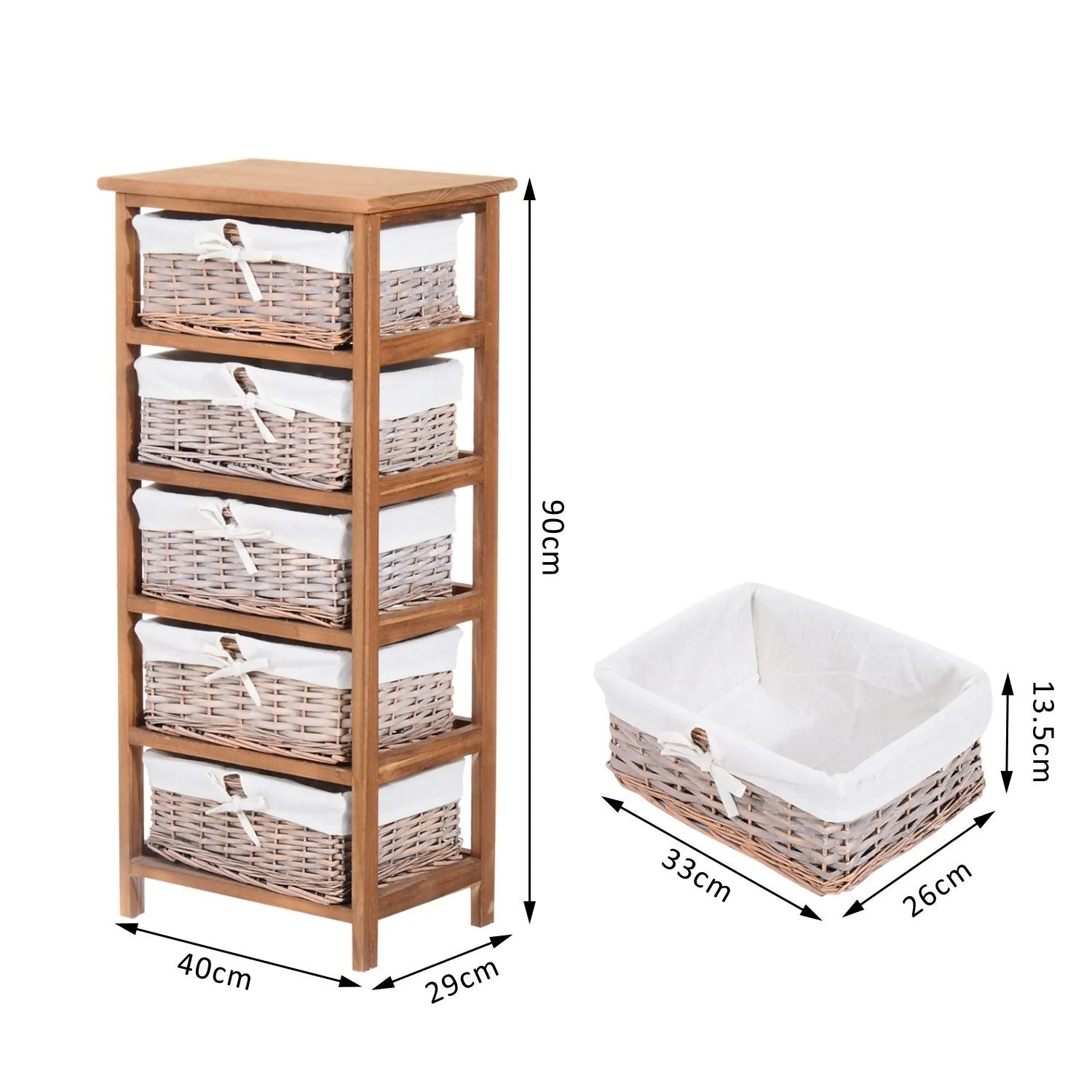 HOMCOM 5 Drawer Dresser Wicker Storage Shelf Unit Wooden Home Organization in Natural 3