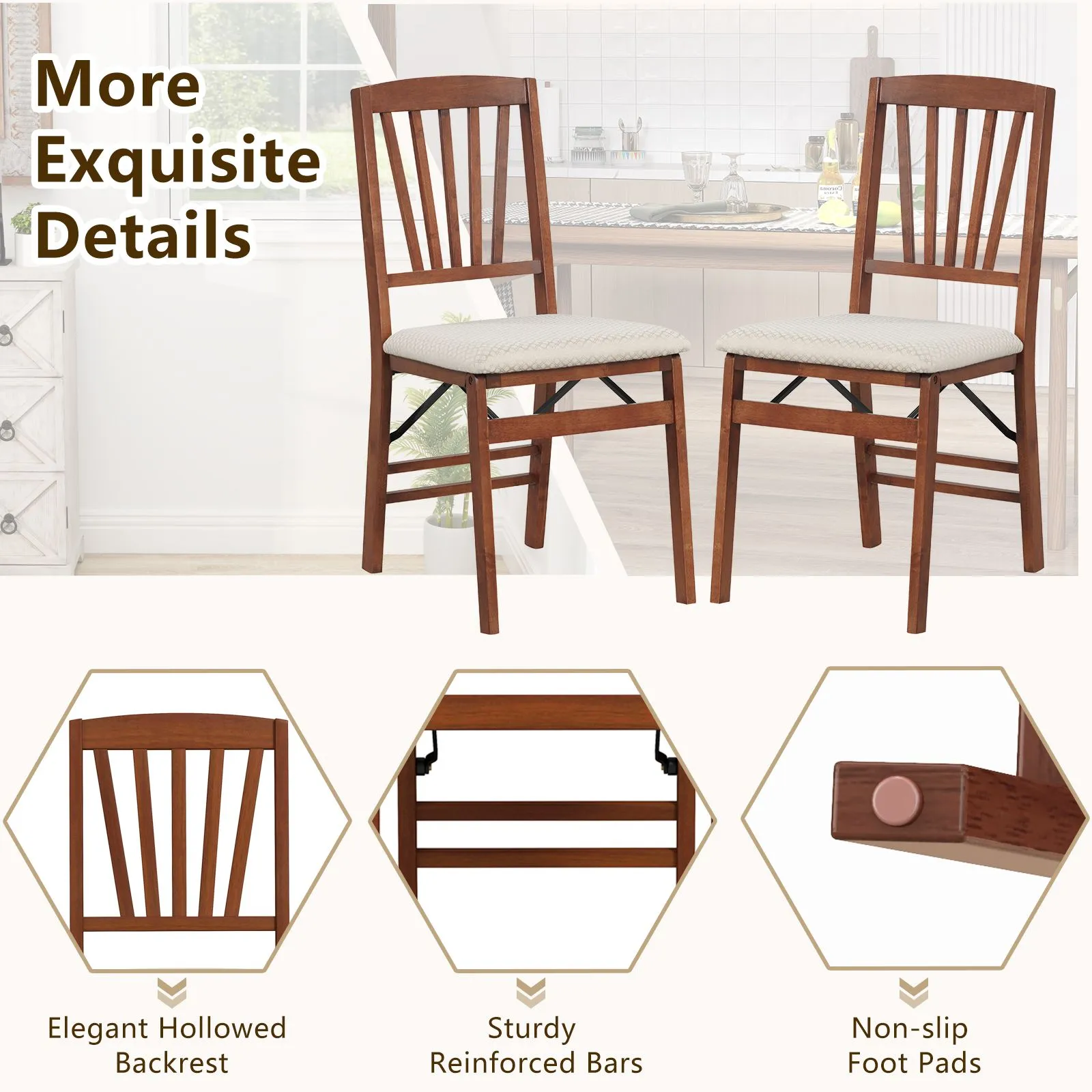 Costway Dining Chair Set of 2 Folding Chairs with Padded Seat in Brown 6