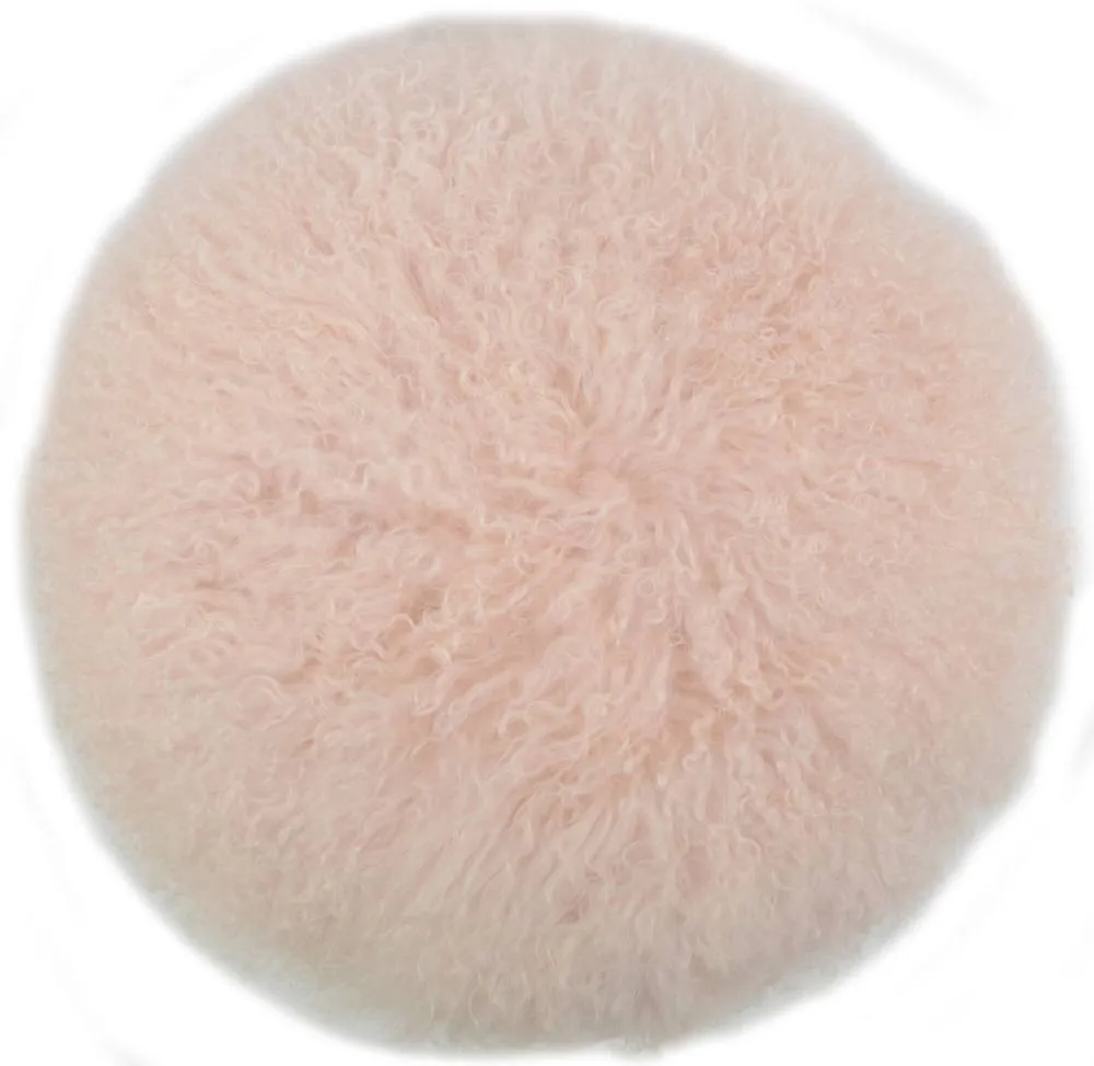 SNUGRUGS Round Mongolian Long Curly Wool Sheepskin Cushion with Inner - 40cm in Pale Pink