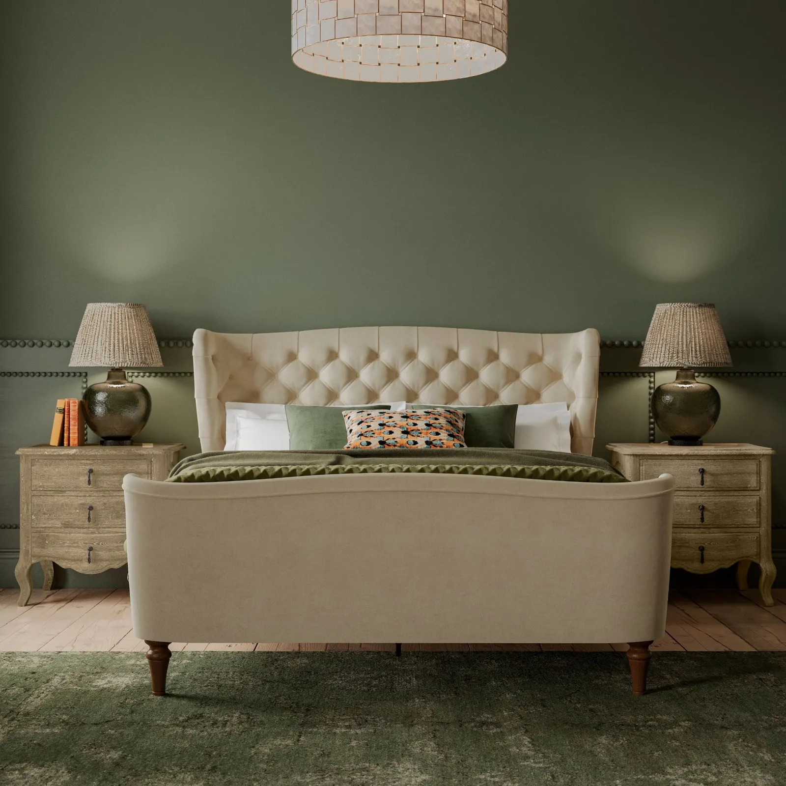 Charlotte Buttoned Bed, Natural Velvet, Double