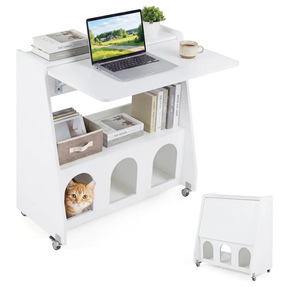 Costway Folding Desk on Wheels Drop Leaf Writing Desk w/ Storage Shelves in White