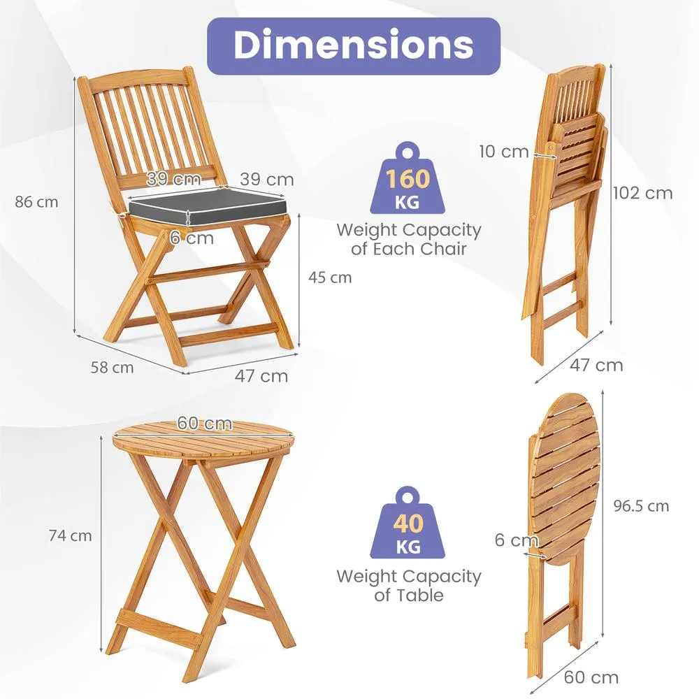 Costway 3 PCS Acacia Wood Folding Bistro Set Outdoor Table & Chairs Set with Cushions in Grey 2