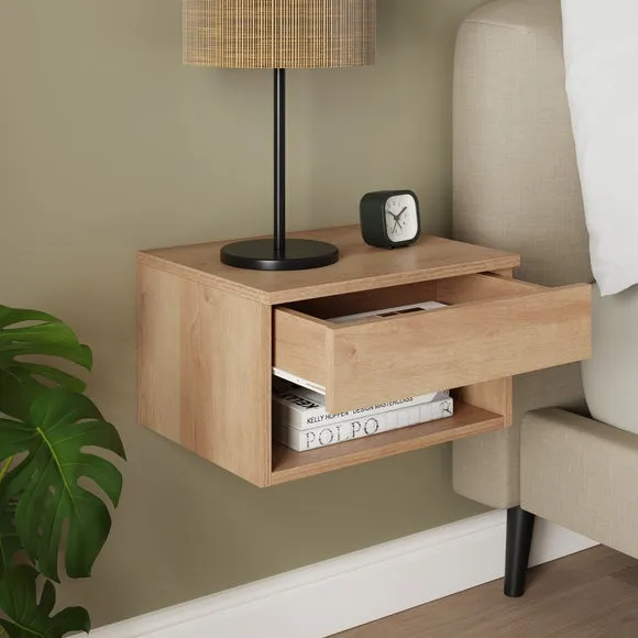 Henny 1 Drawer Floating Bedside Table, Light Oak Effect 2