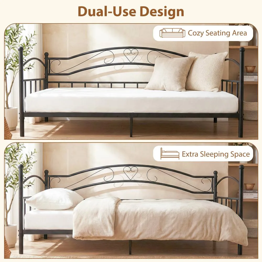 Costway Metal Daybed Frame Single Size Sofa Bed with Classic Headboard in Black 6