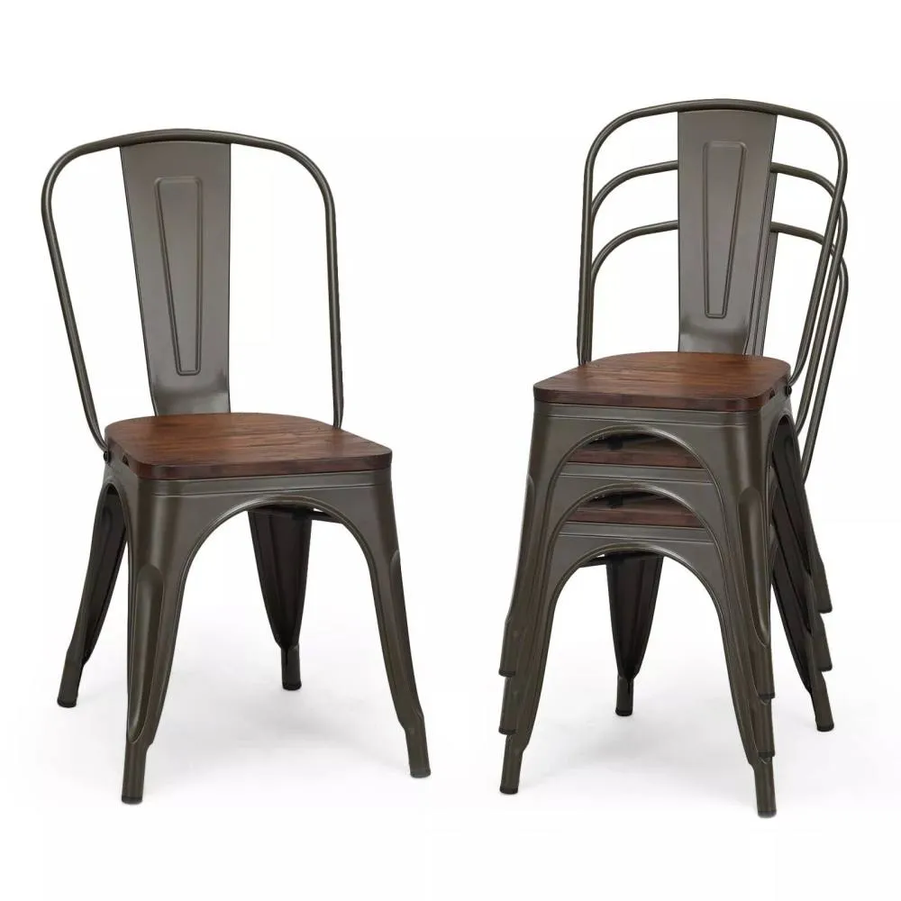Costway Set of 4 Dining Chair Industrial Stackable Bar Stool with High Backrest in Brown