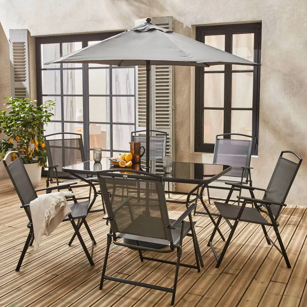 sweeek 6-seater metal dining set with foldable chairs & parasol in Dark Grey 4