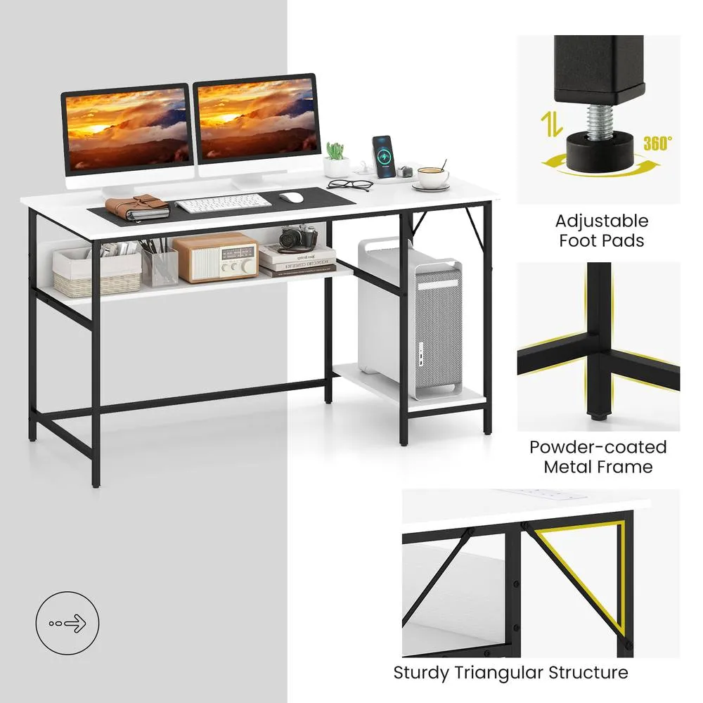Costway 140 x 60 CM Computer Desk w/ Charging Station & 4 Power Outlets in White 6