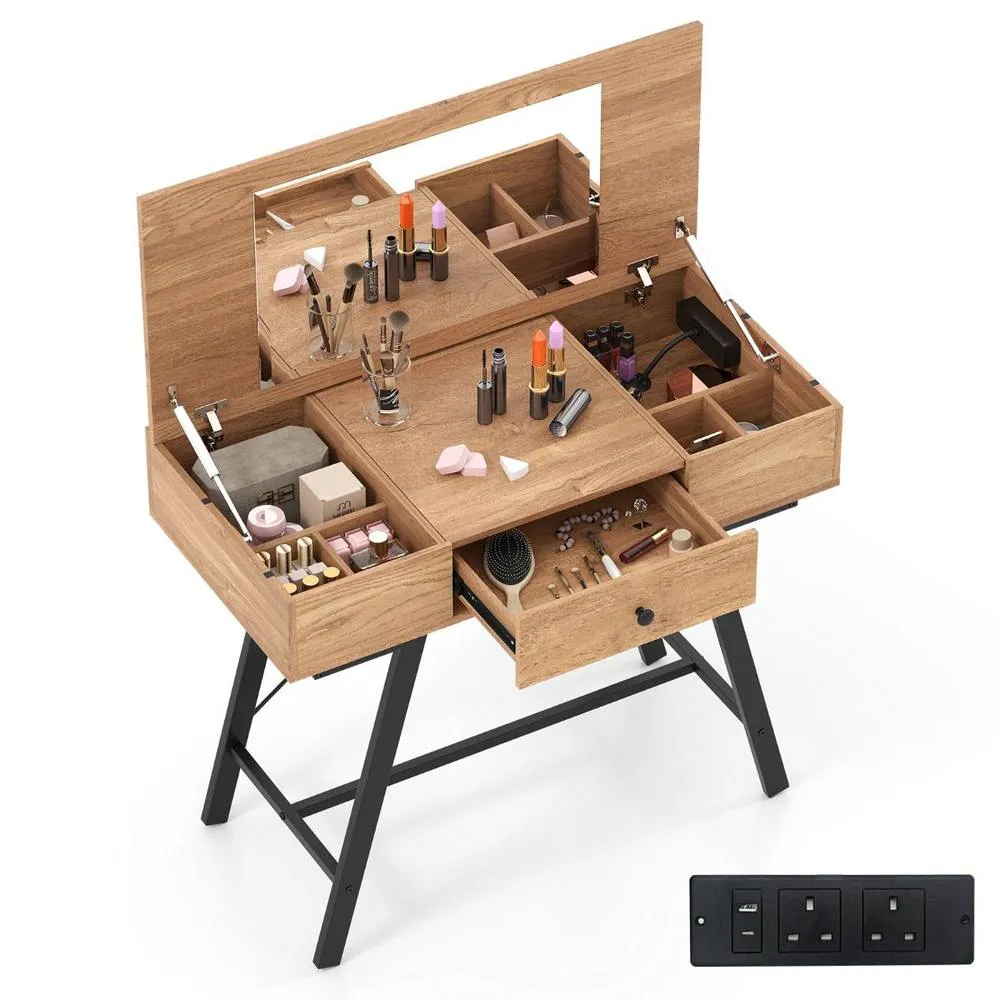 Costway Vanity Desk Flip Top Vanity Table with Mirror in Natural