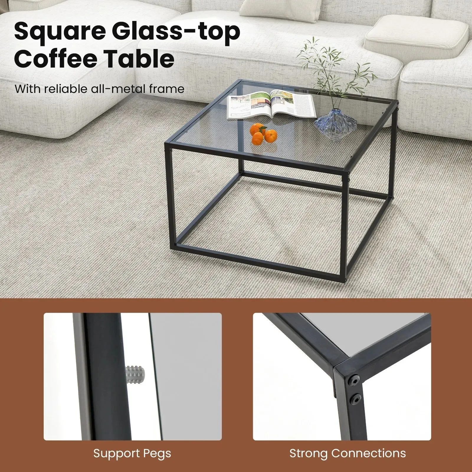 Costway Tempered Glass Top Coffee Table Home Square Tea Table Accent Sofa Side Table in Grey 5
