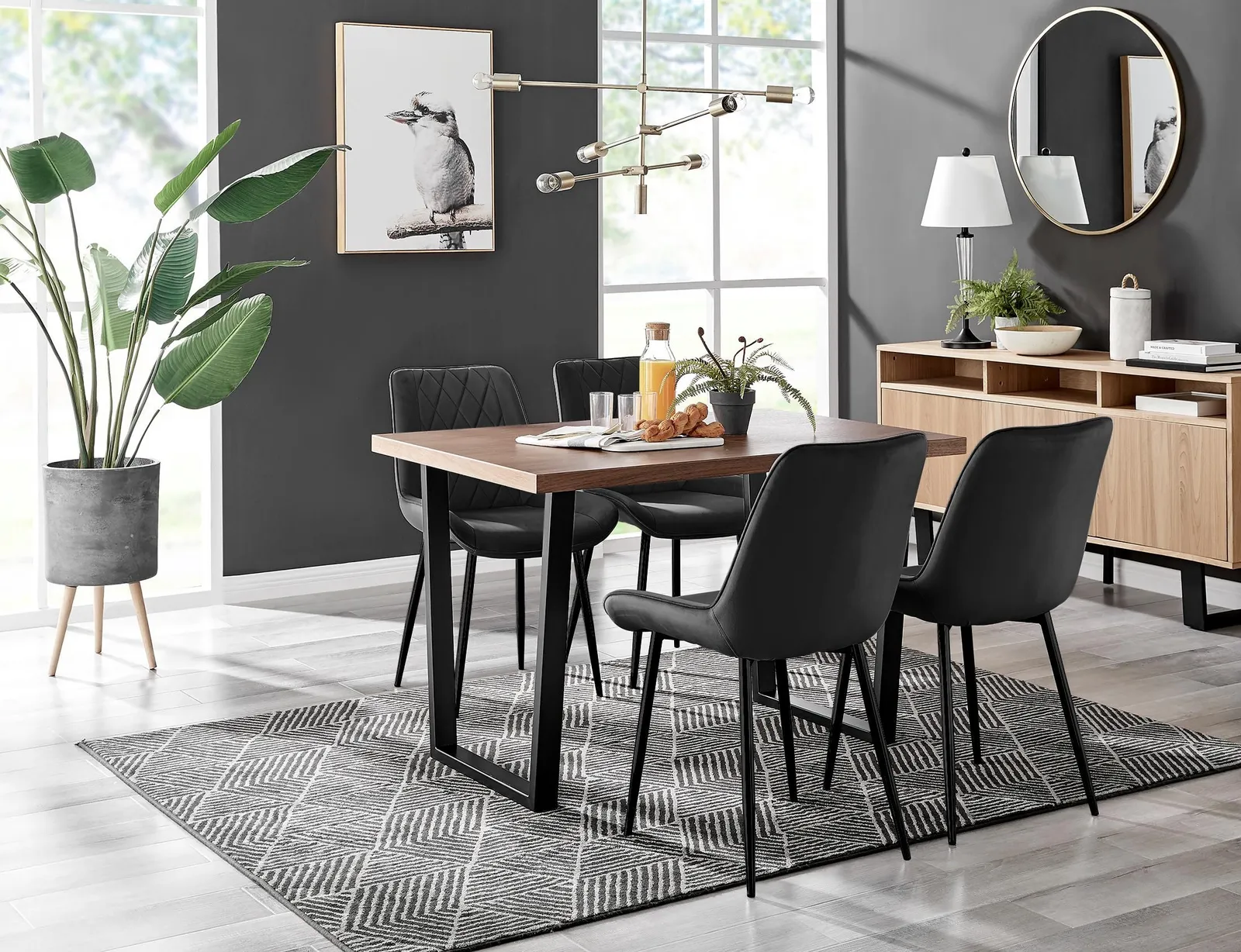 FurnitureboxUK Kylo Brown Wood Effect Dining Table With Black 'U' Legs & 4 Pesaro Velvet Chairs 1