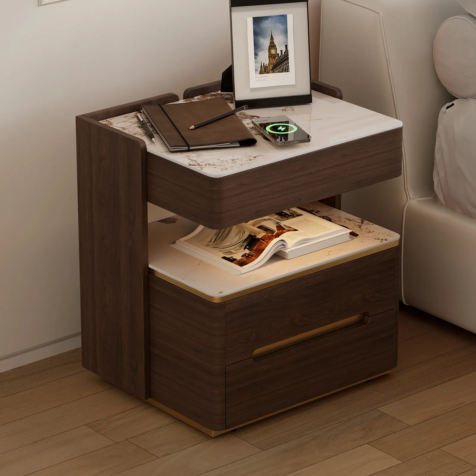 Modern Smart Walnut Bedside Table with Wireless Charger & Sensor Light & Bluetooth Speakers Sintered Stone Bedside Table