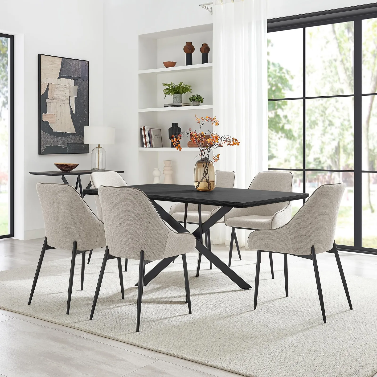 FurnitureboxUK Leonardo Black Top Dining Table & 6 Beaumont Fabric Chairs in Cream 1