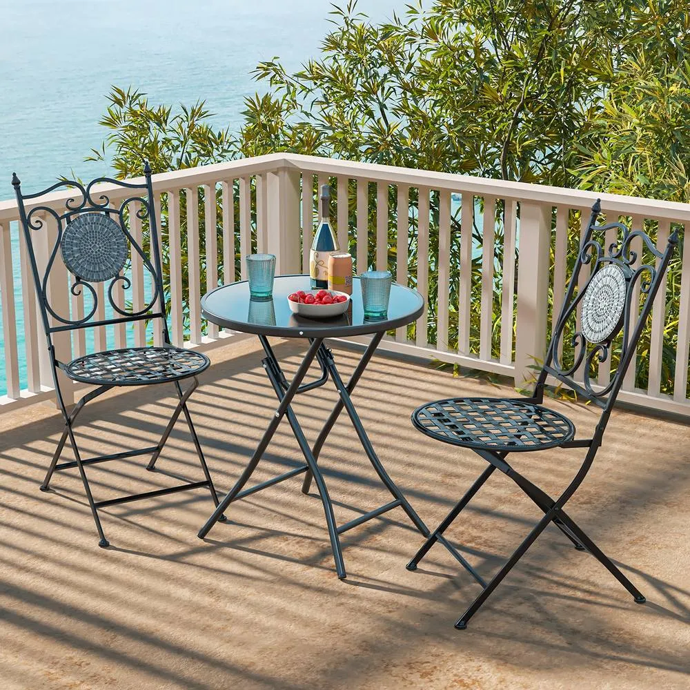 Costway Folding Round Patio Bistro Table Tempered Glass Tabletop Outdoor Cocktail Table in Black 3