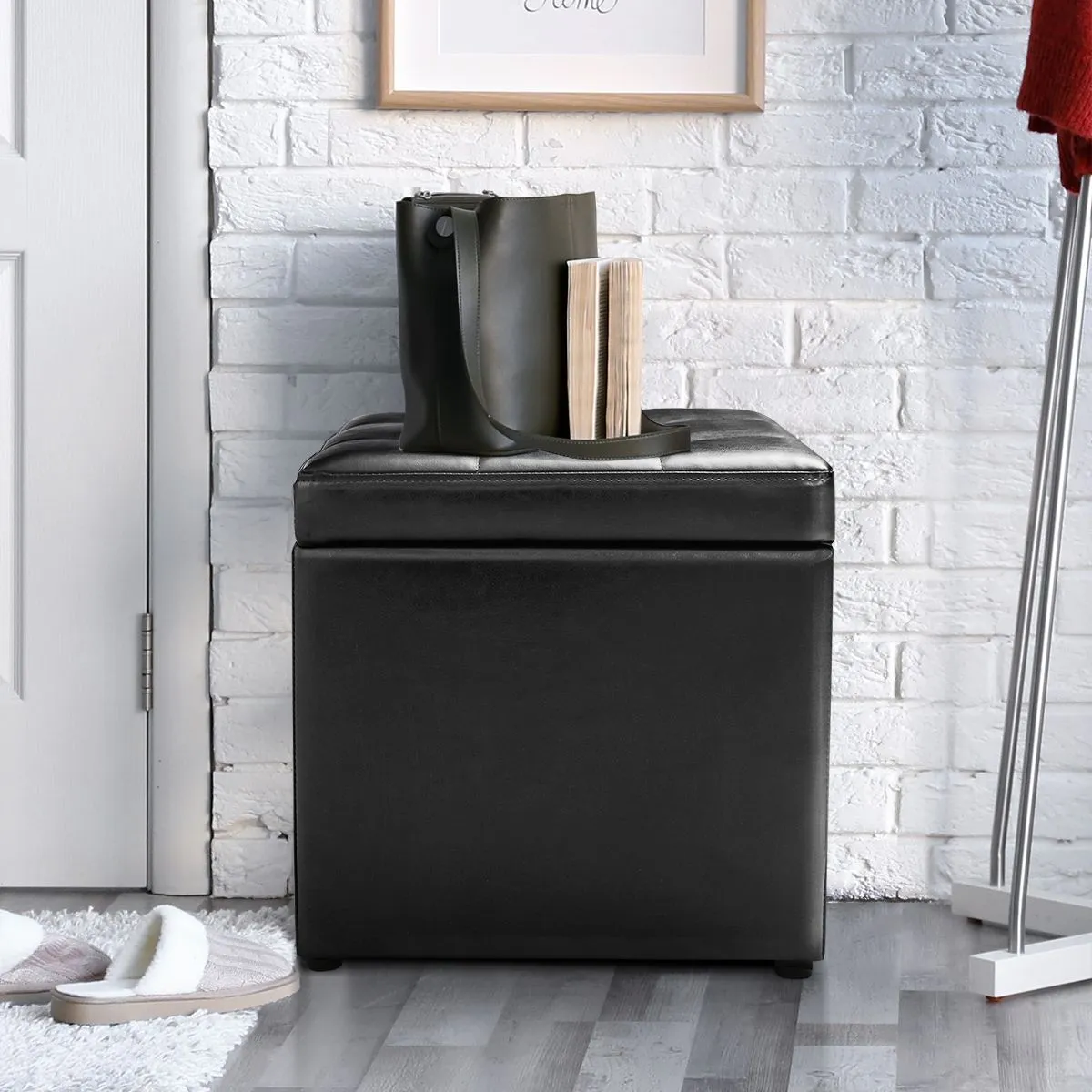 Costway Faux Leather Storage Ottoman Cube Pouffe Storage Toy Box Padded Foot Stool in Black 4