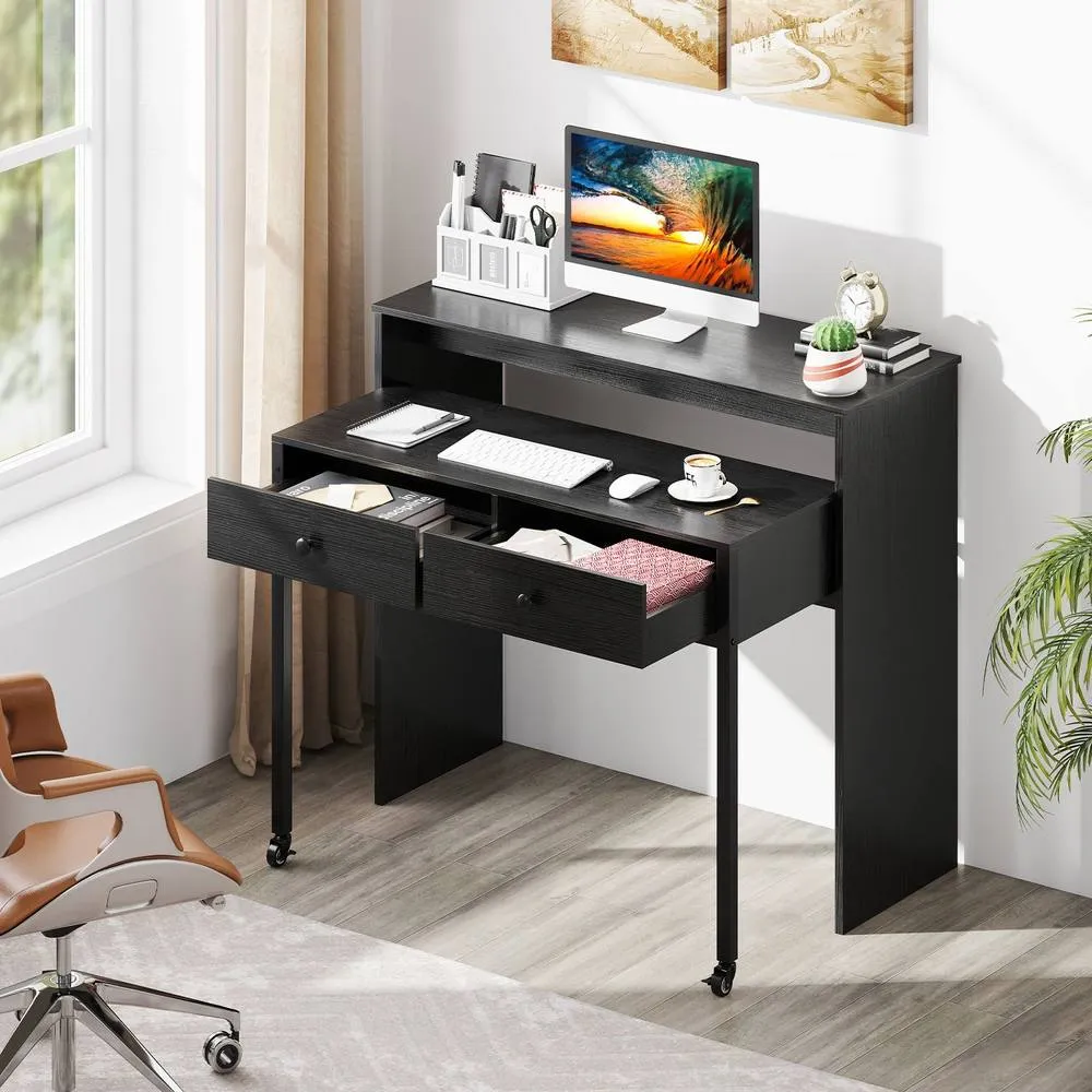 Costway Extendable Computer Desk Convertible Home Office Desk w/ Drawers in Black 5