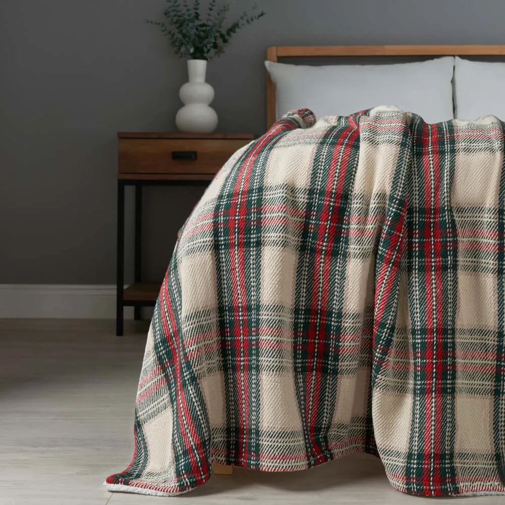 Christmas Check Throw with Sherpa Back, Multi-Coloured