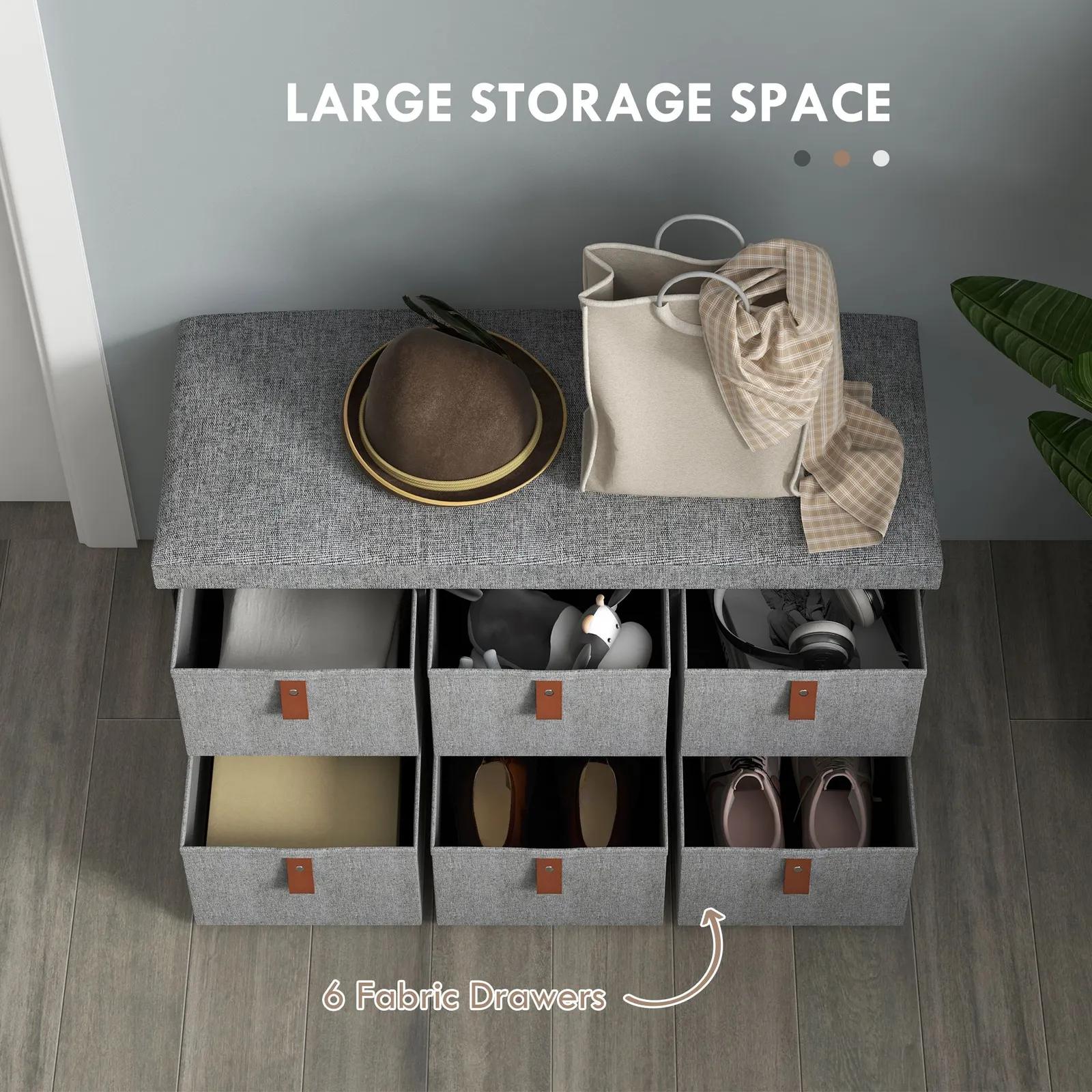 HOMCOM Shoe Bench with Cushioned Seat, 6 Fabric Drawers for Entryway Hallway in Light Grey 5