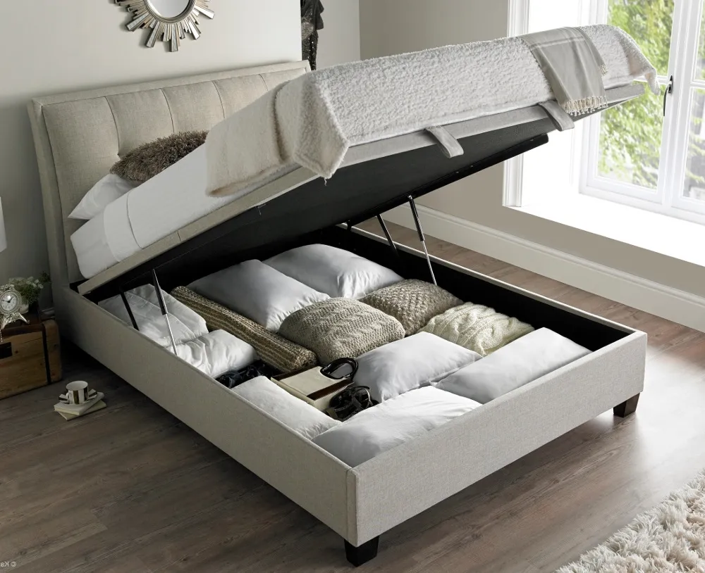 Accent Oatmeal Fabric Ottoman Storage Bed Frame - 6ft Super King Size