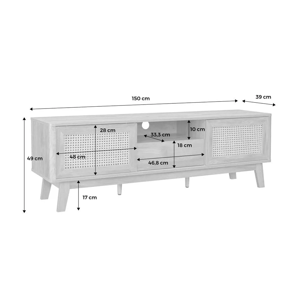 sweeek 150cm Tv Unit Wooden Effect & Cane 2 Sliding Doors in Light Brown 6