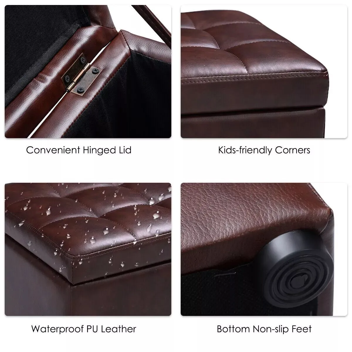 Costway Faux Leather Storage Ottoman Cube Pouffe Storage Toy Box Padded Foot Stool in Brown 4