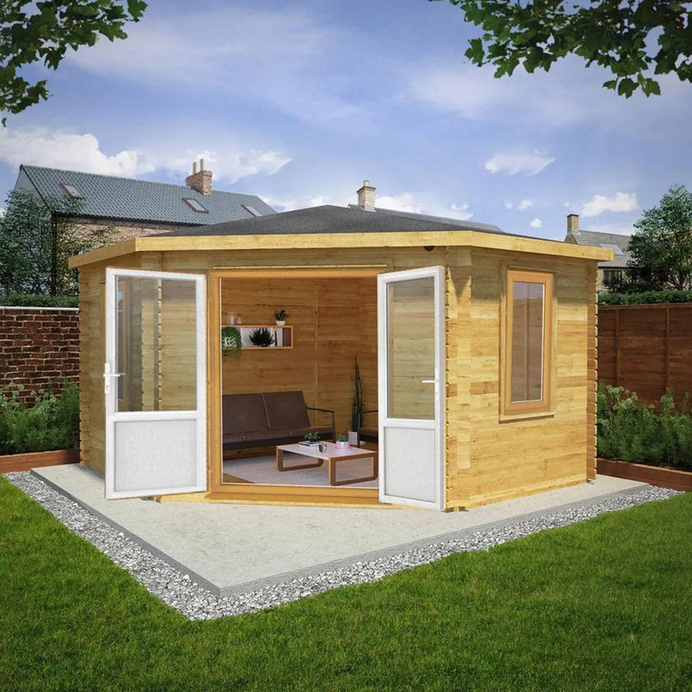 Mercia 44 mm Corner Cabin with Oak UPVC Windows & Doors, L415 x W409 x H287cm in Light Tan 5