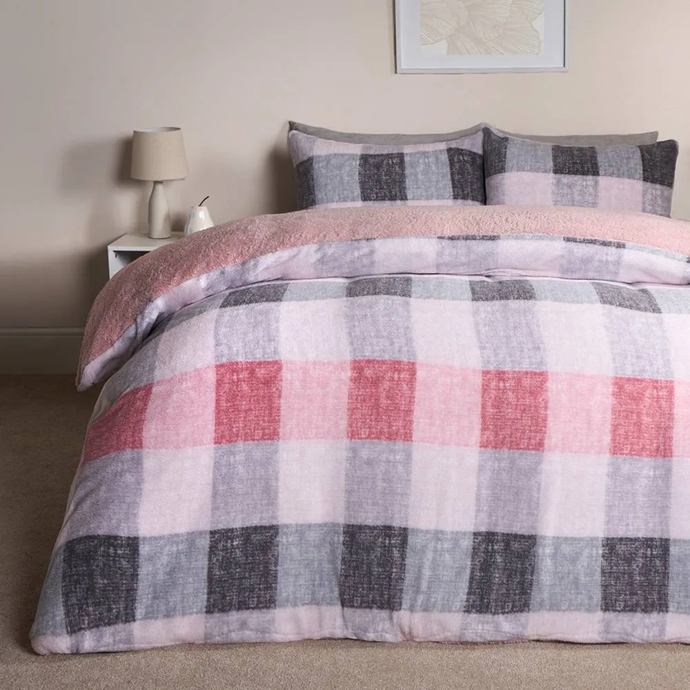 OHS Gingham Teddy Fleece Duvet Cover Pillowcase Check Bedding Set in Pink