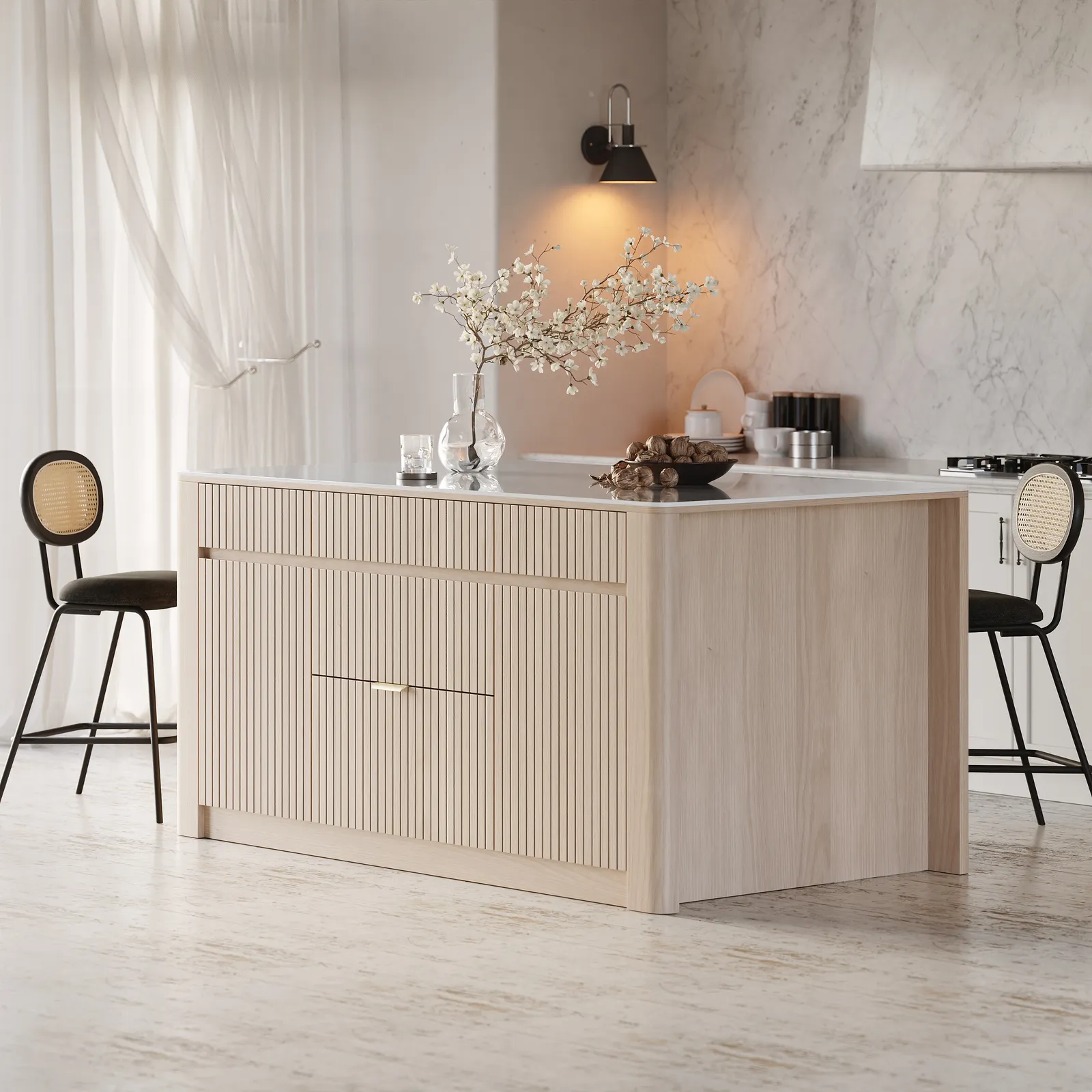 1830mm Kitchen Island Sintered Stone Top with Storage NaturalModern