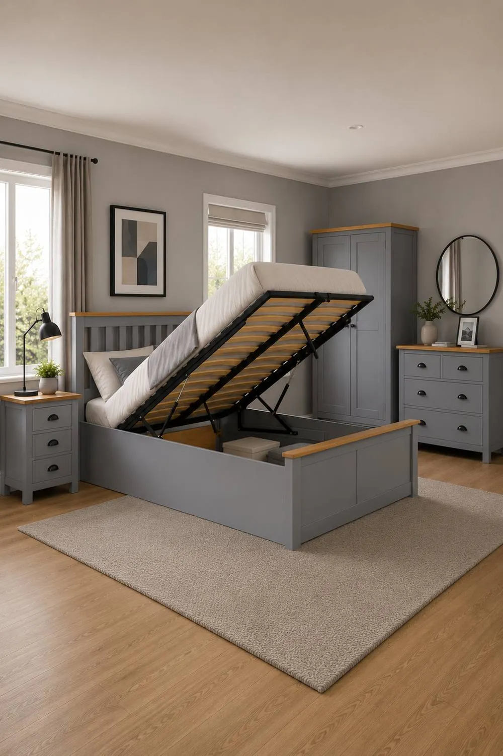 Birlea Small Double Ottoman Bed Grey Aspen Wood Frame Storage 4FT Oak Solid