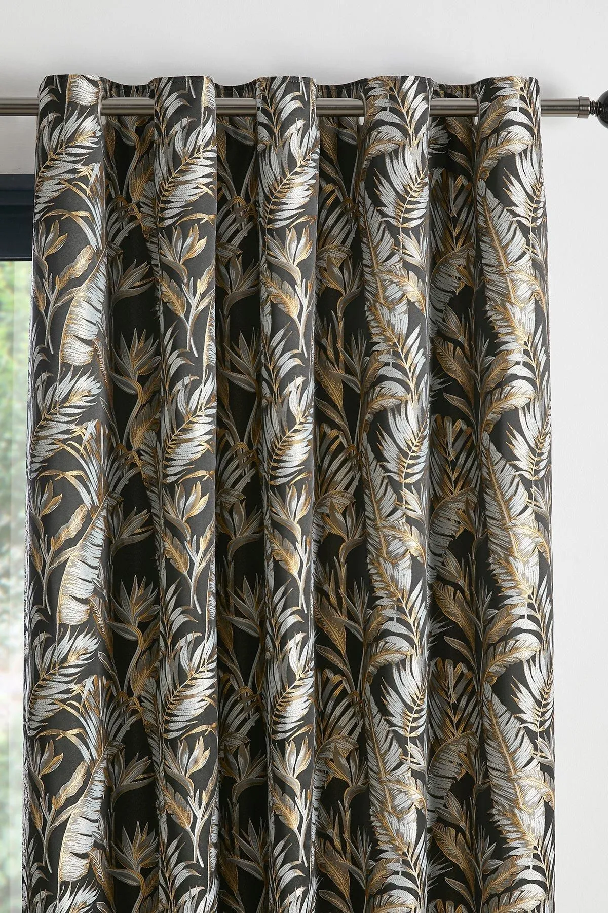 Laurence Llewelyn-Bowen 'Paradise Palm' Jacquard Palm Leaf Pair of Eyelet Curtains in Black 2