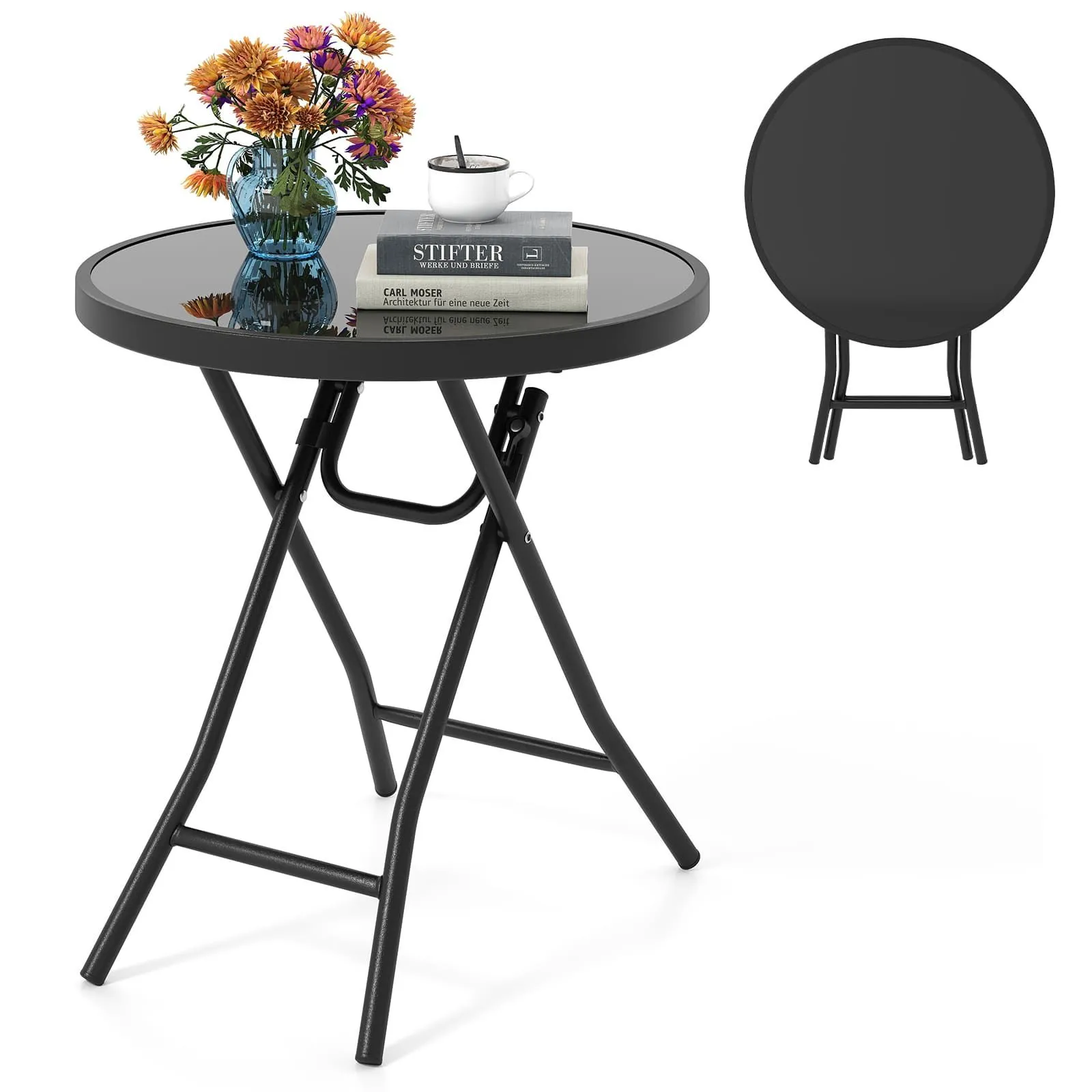 Costway Folding Glass Table Portable Patio Coffee Table w/Footpads-Black in Black
