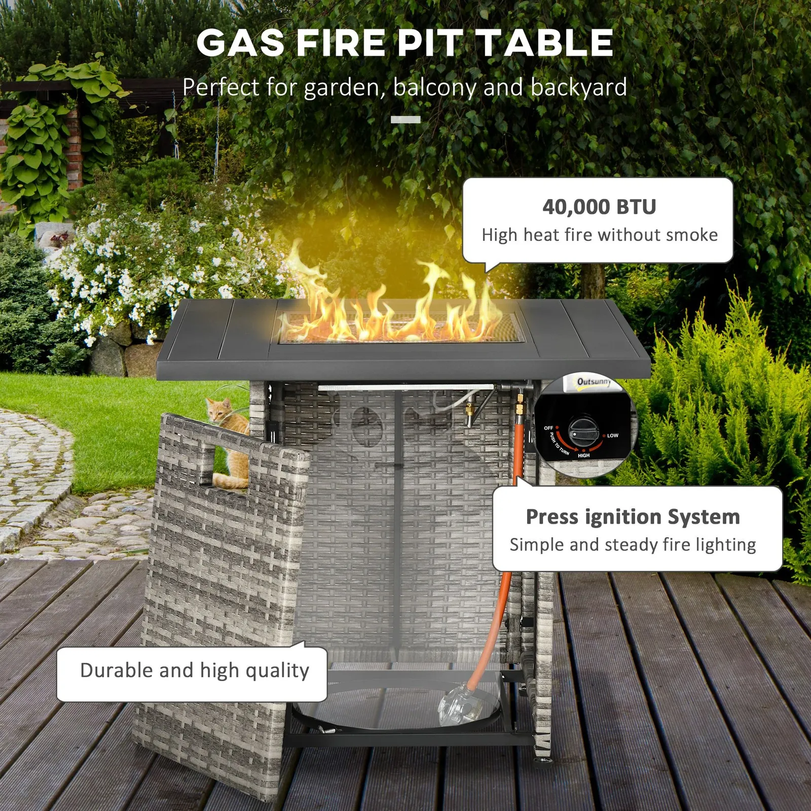 OUTSUNNY Rattan Gas Fire Pit Table with Mesh Lid & Rain Cover, Lava Stone, 40, 000 BTU in Grey 4