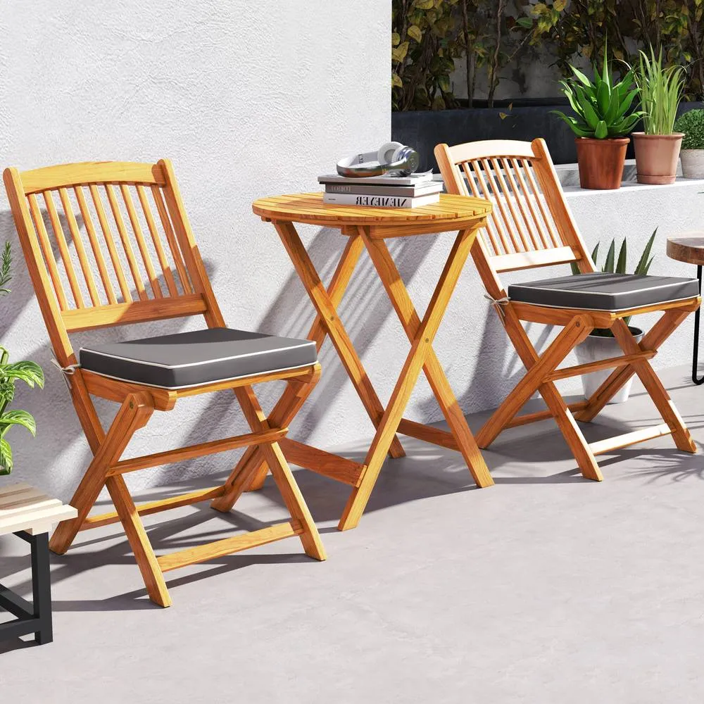Costway 3 PCS Acacia Wood Folding Bistro Set Outdoor Table & Chairs Set with Cushions in Grey 3