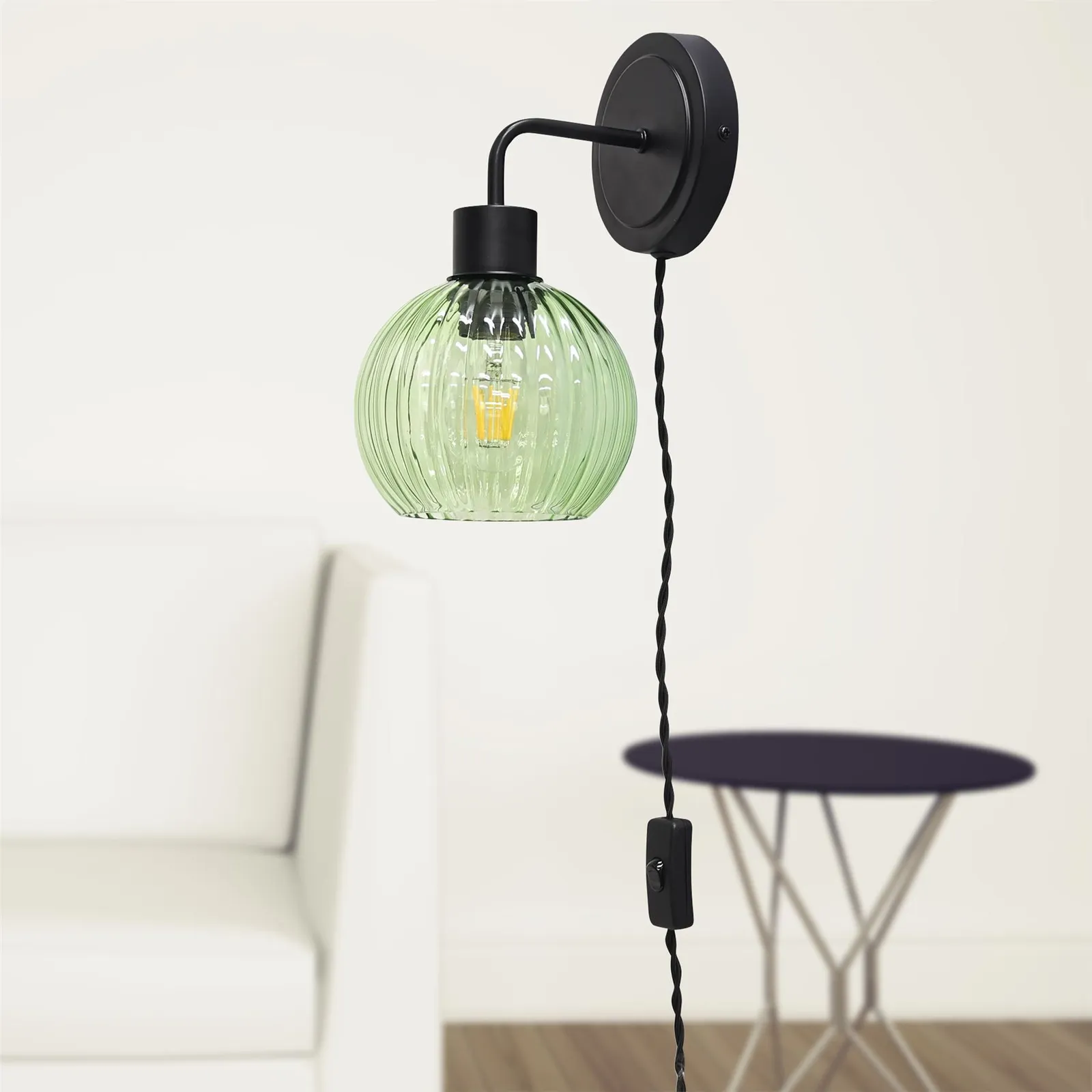 First Choice Lighting Toby - Black Plug in Wall Light with Betchley Green Ribbed Shade 4
