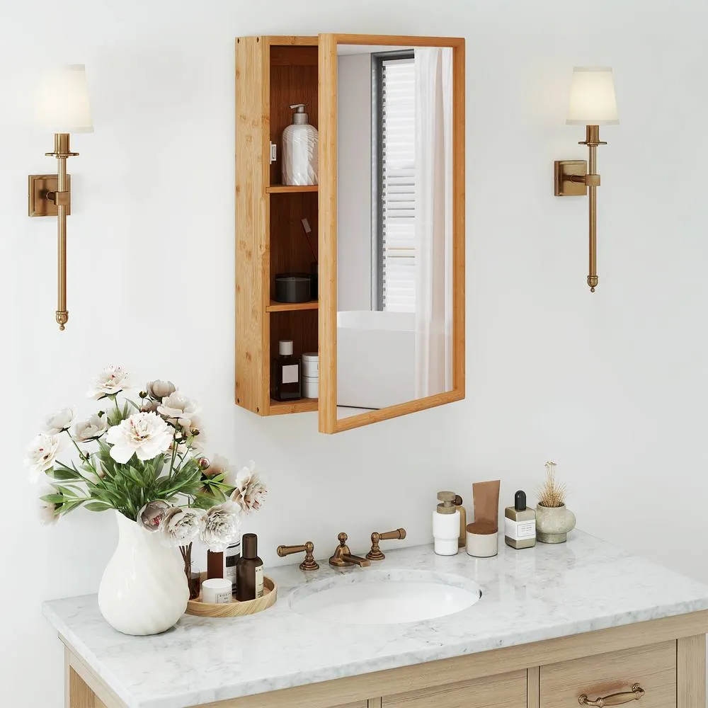 Costway Bathroom Wall Cabinet Bamboo Medicine Cabinet w/Mirror & 2 Shelves in Natural 6