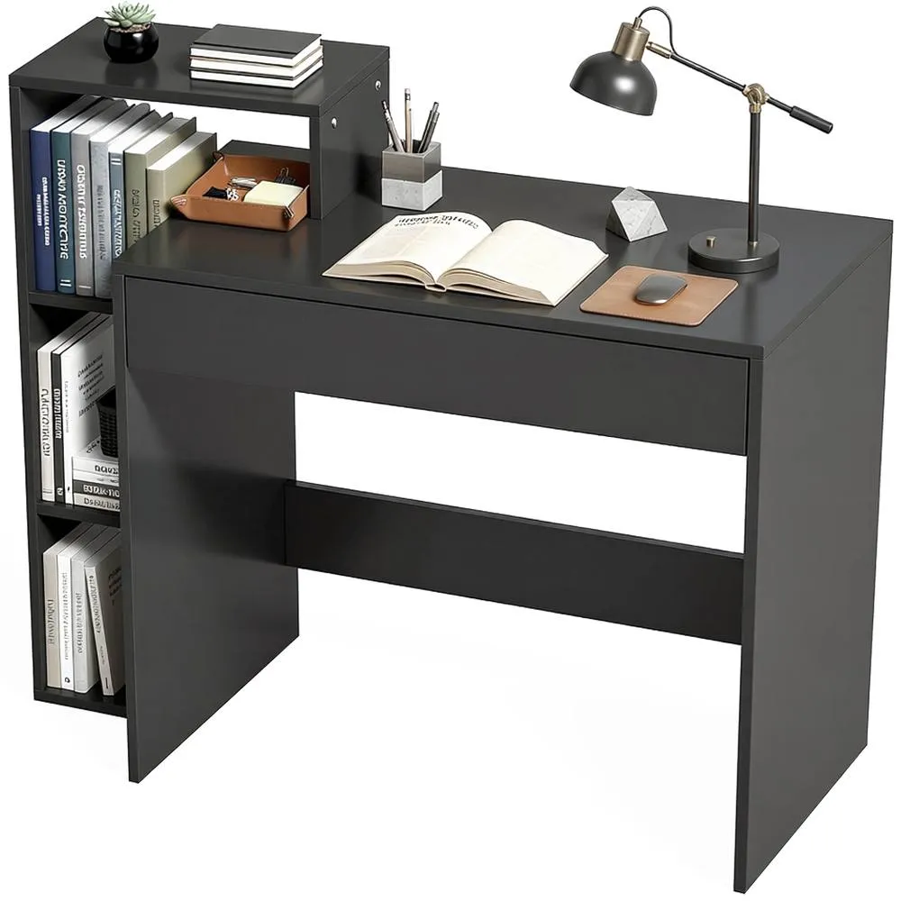 HOMCOM Computer Desk with 3 Open Shelves & Drawer, Black