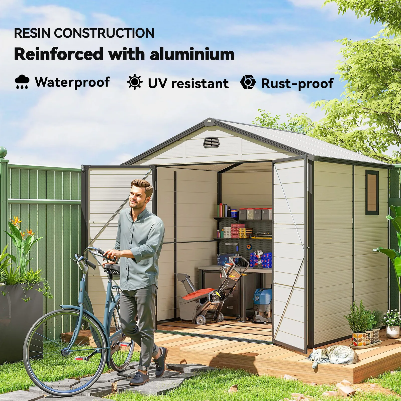 OUTSUNNY 8 x 6ft Garden Shed Storage w/ Foundation Kit, Vents, Cream White 6