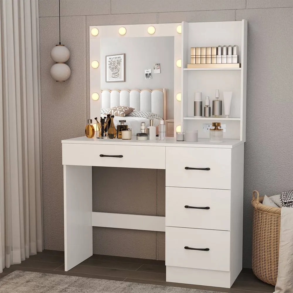 Costway Makeup Vanity Desk w/Lights Dressing Table w/Charging Station &Drawers in White 5