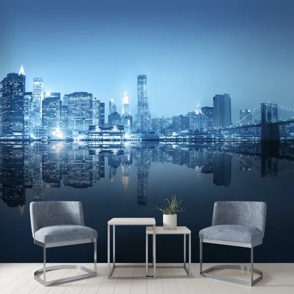 City Night Skyline Blue Wall Mural 3
