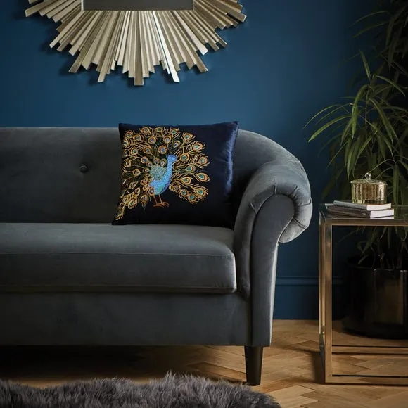 Navy Embroidered Peacock Cushion