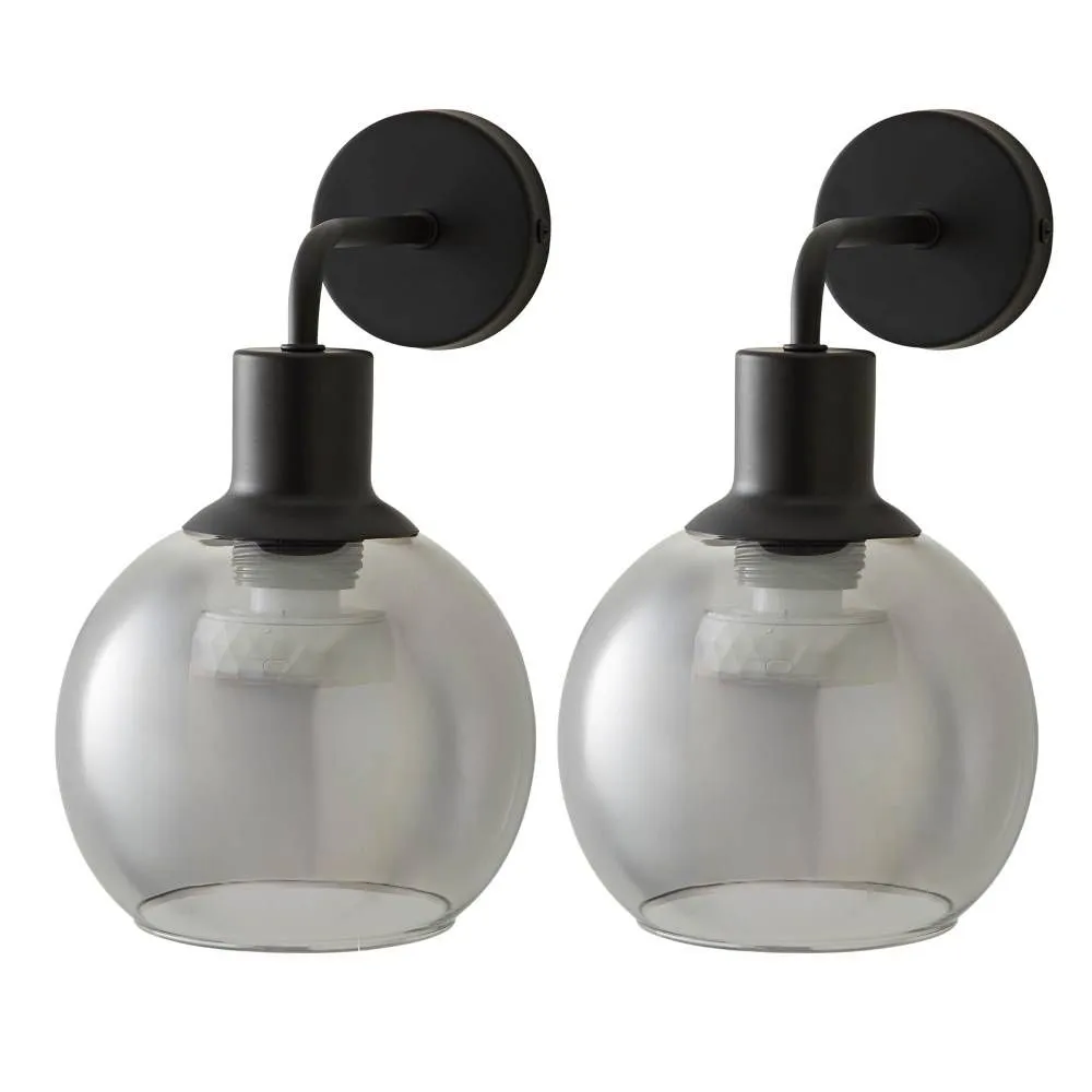 ValueLights Bellamy Pair of Globe Glass Shade Rechargeable Wall Lights in Black