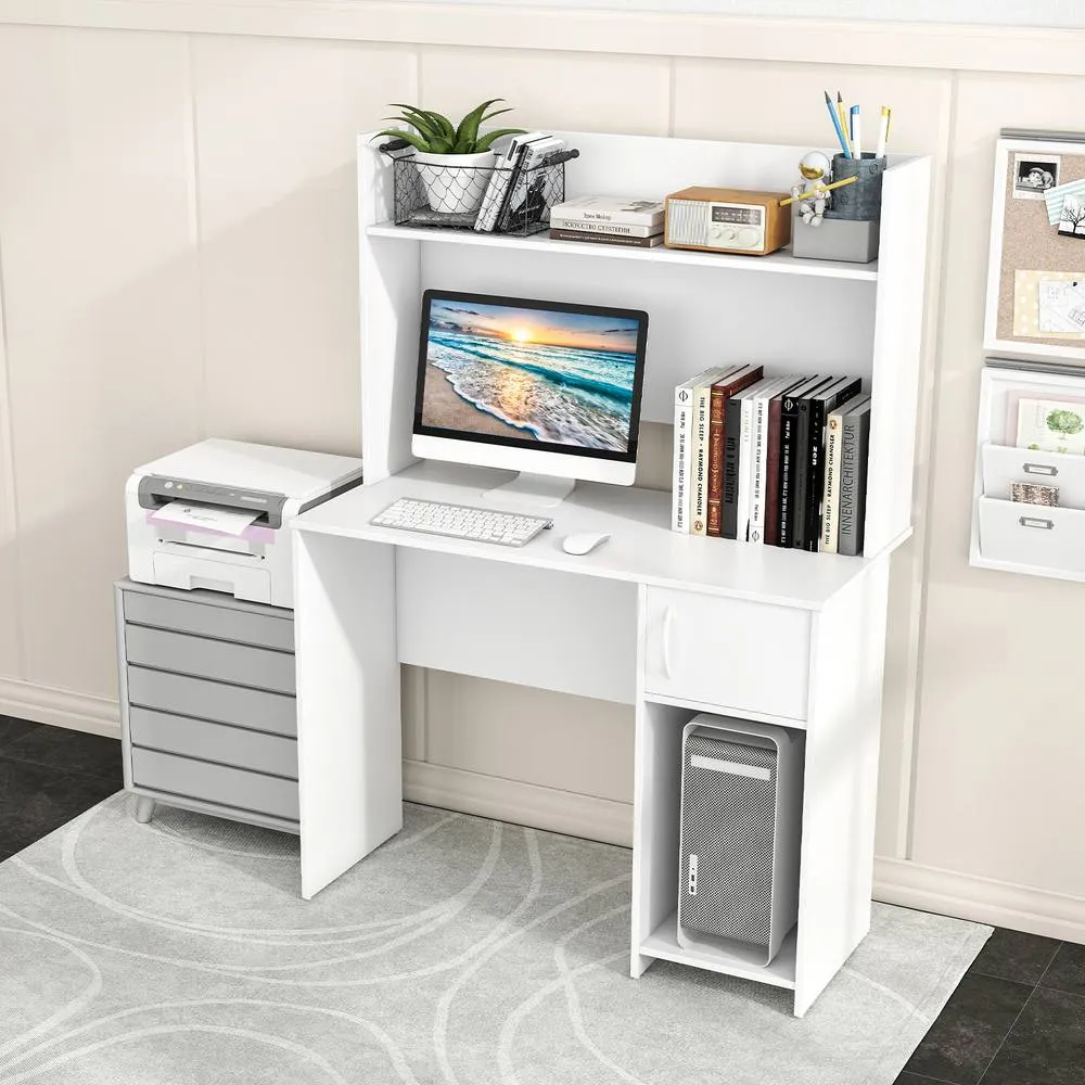 Costway Modern Computer Desk Home Office Writing Study Desk w/ Display Shelf in White