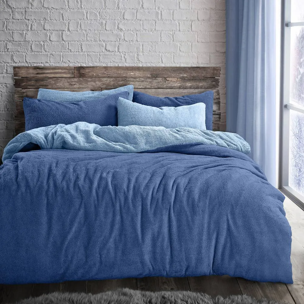 Velosso Teddy Two Tone Warm & Cosy Duvet Cover & Pillowcase Set in Blue