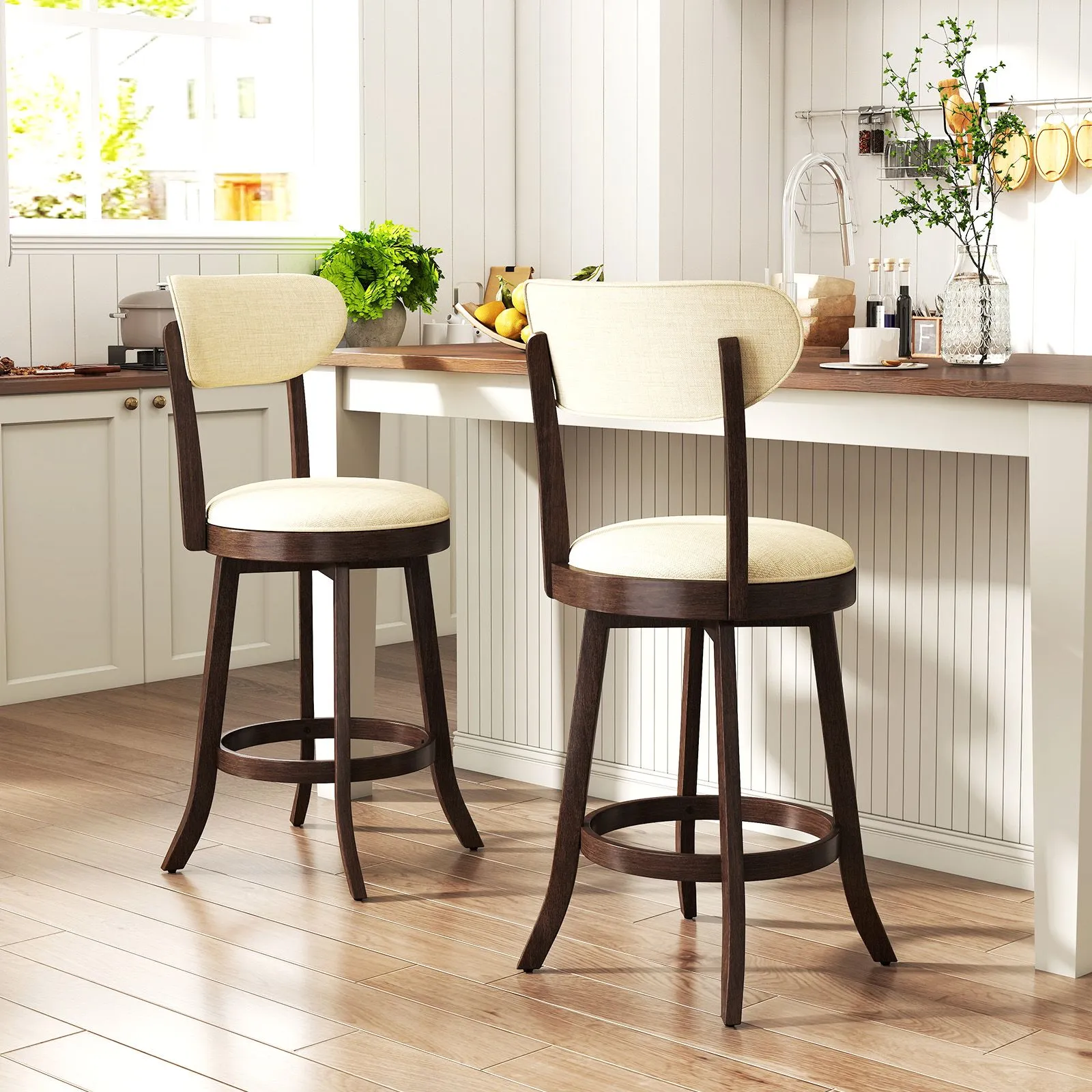 Costway 64CM Counter Height Chairs Set of 2 Swivel High Stool in Beige 3