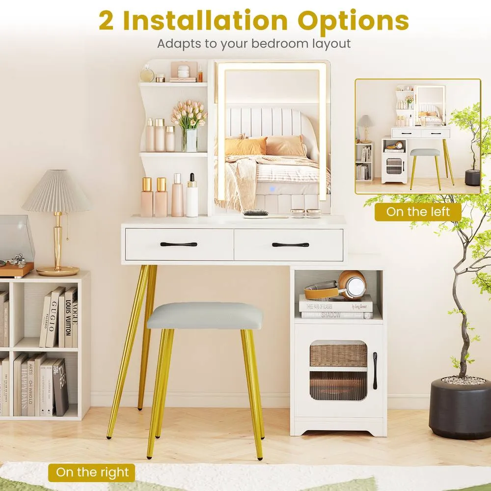 Costway Modern Vanity Set w/ Drawer & Lights Makeup Dressing Table w/ Stool in White 5