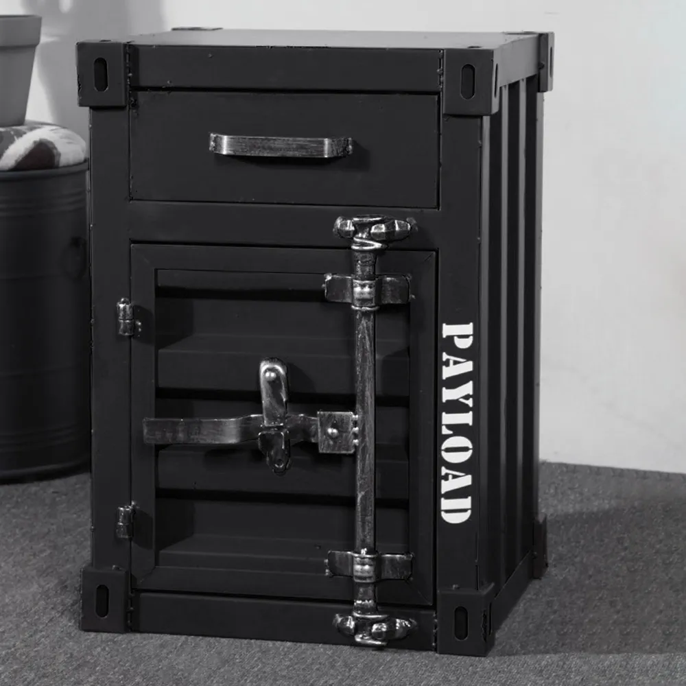 Ctainer Industrial Loft Black Bedside Table Retro Bedside Storage Cabinet with Door & Drawer