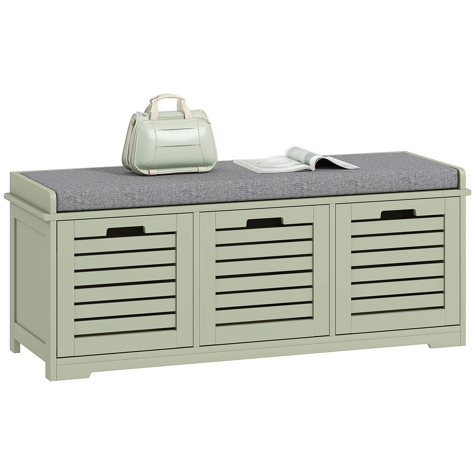 HOMCOM 3-Door Shoe Storage Bench Cushion Seat Slatted Doors in Green 2