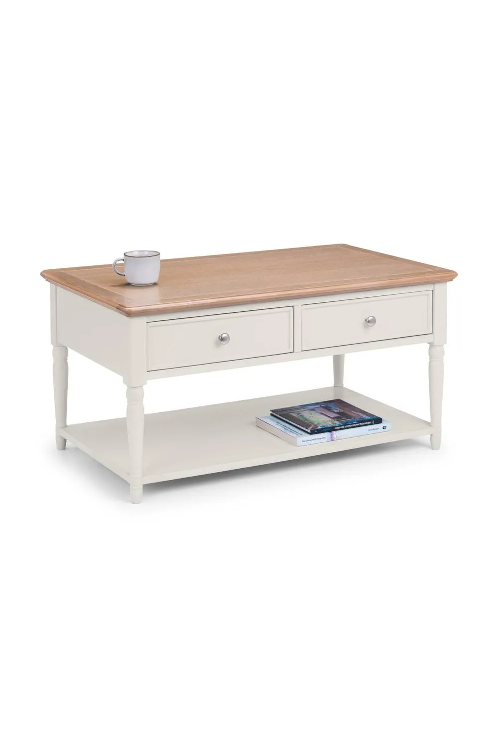 Julian Bowen Provence 2 Drawer Coffee Table with Shelf in Light Grey 4