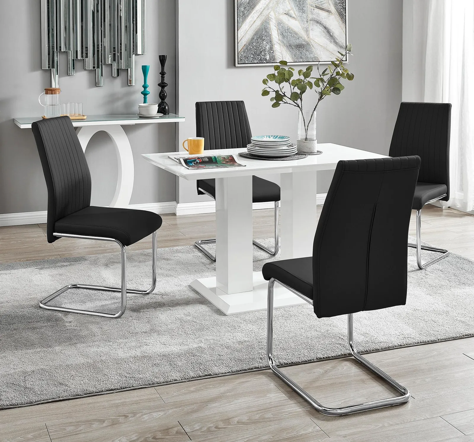 FurnitureboxUK Imperia 4 Seater Modern White High Gloss Rectangular Dining Table & 4 Lorenzo Faux Leather Chairs in Black 1